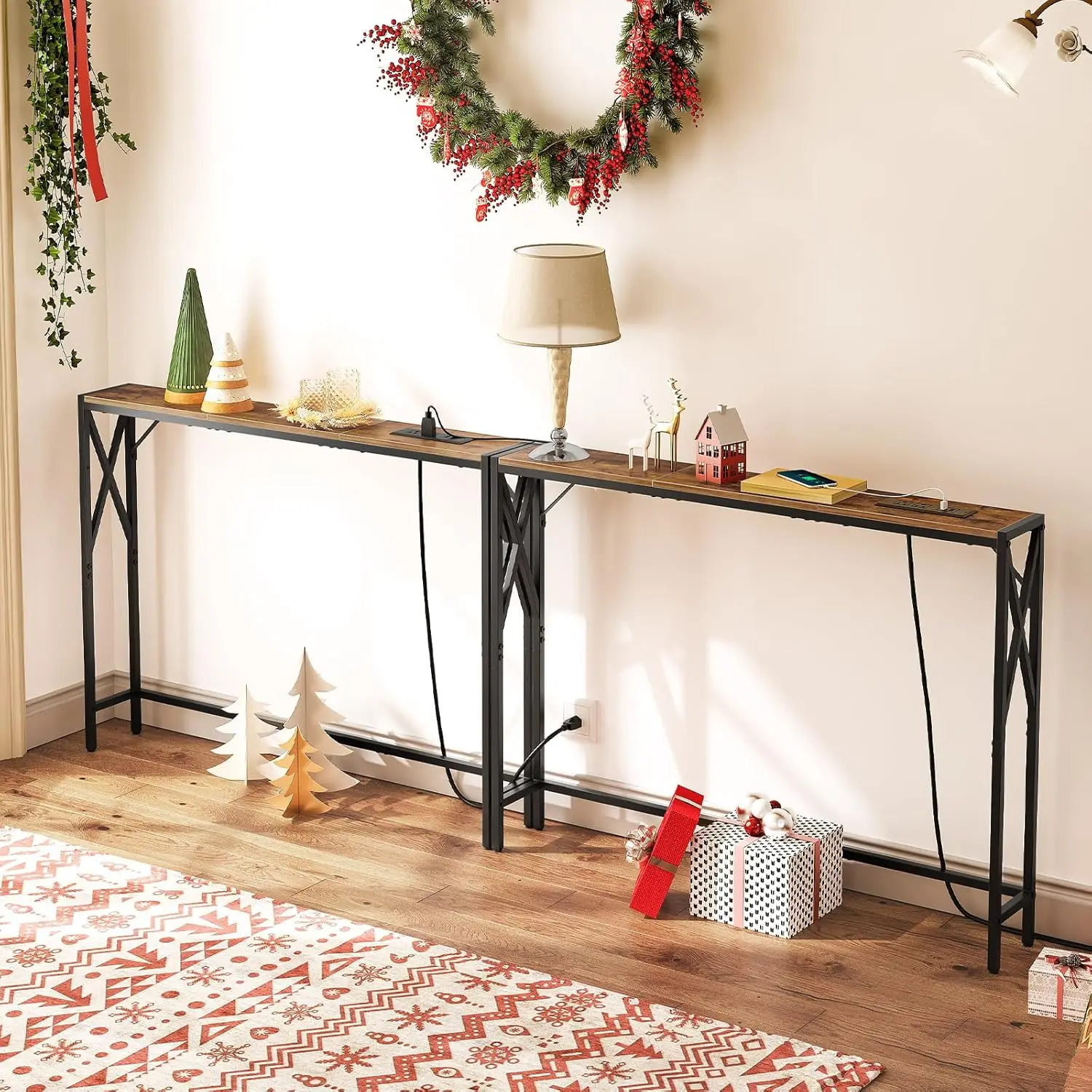 2 Pack Narrow Sofa Table with Charging Station, 39.4