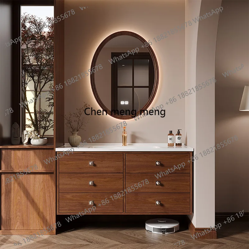 Mueble de Baño con Lavabo Integrado de Cerámica, Mueble de Madera de Roble Nogal con Lavabo y Seis Cajones, Combinación de Mueble de Baño de Estilo Antiguo