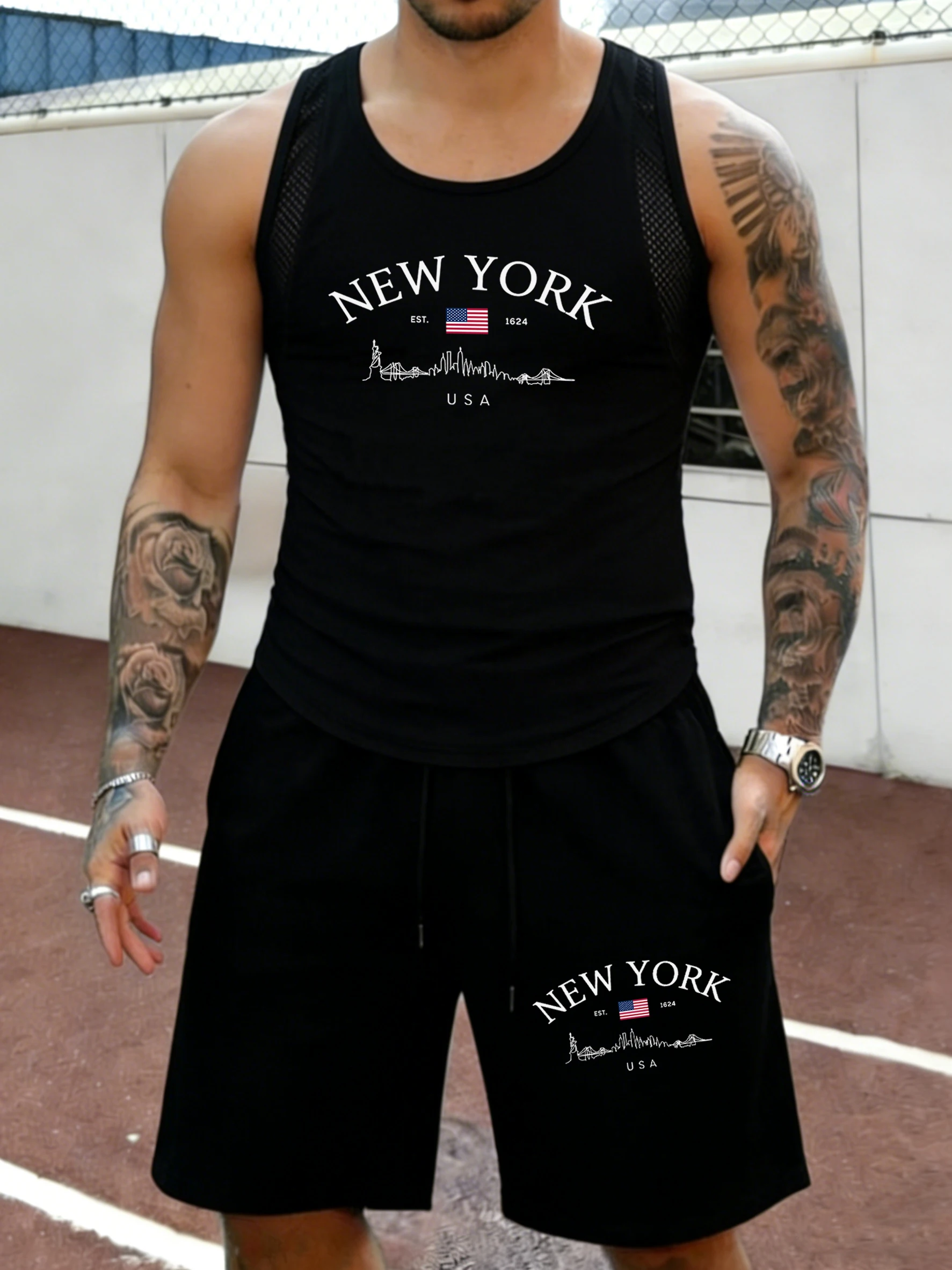 New York Usa Printed Mens Summer Mesh Casual Sleeveless Sets Retro Sportpants Daily Drawstring Bottom Comfortable Gym Tank Top