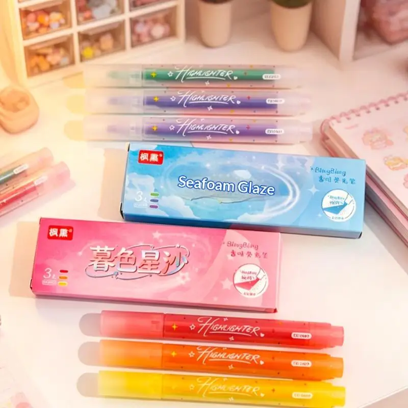 3PCS/SET  Glitter Highlighter Pen Set Shimmer Fluorescent Marker Pens for Journaling Planner School Office Stationery Supplies