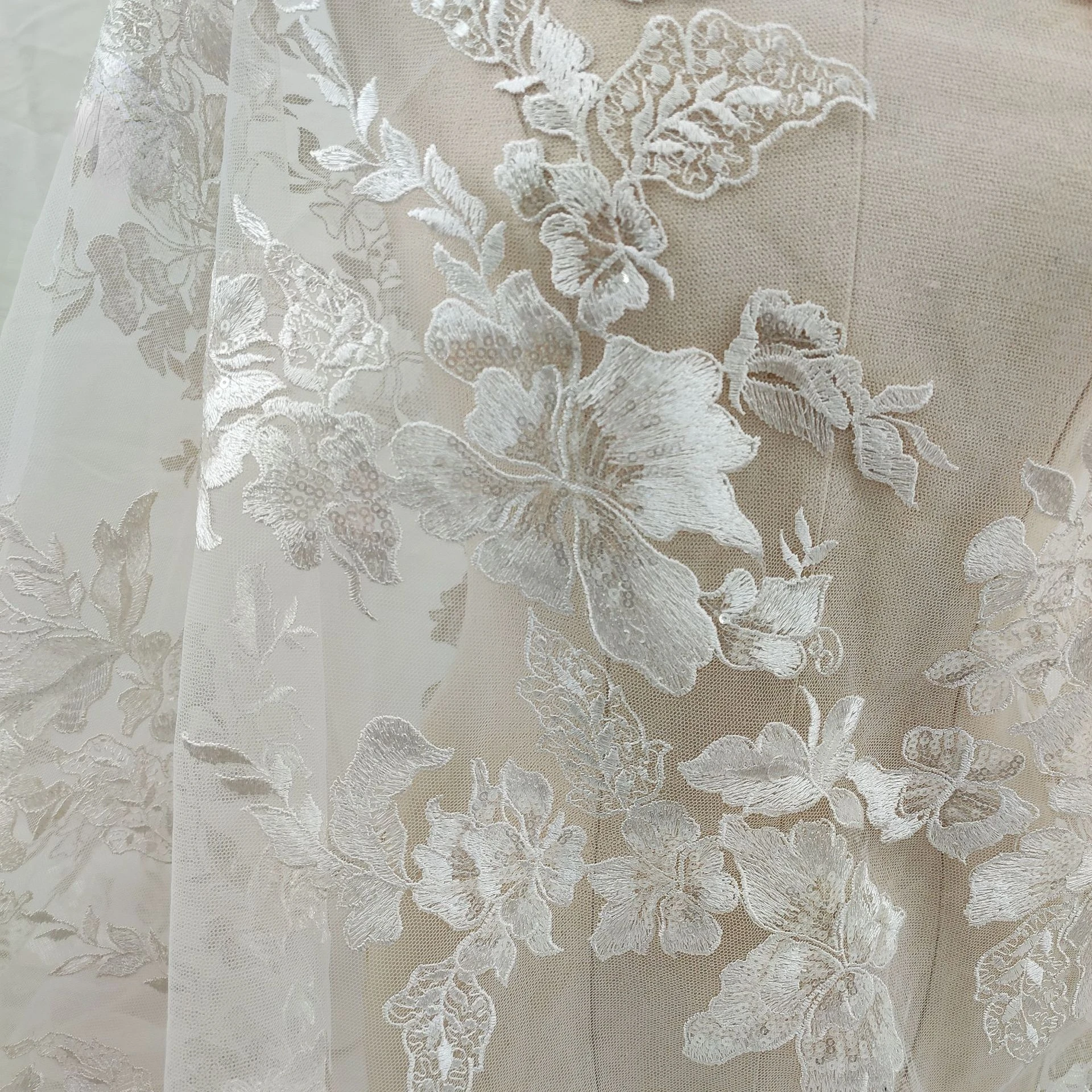 White Polyester Embroidered Mesh Sequins Irregular Wedding Dress Lace Fabric