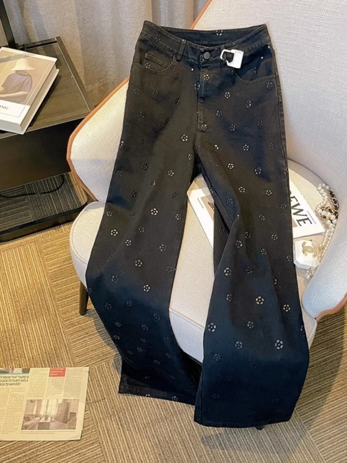 

Black High Waist Wide Leg Jeans Women's Autumn New Style Slimming Loose Straight Cut Diamond Decorated Pants Spring Straight ...