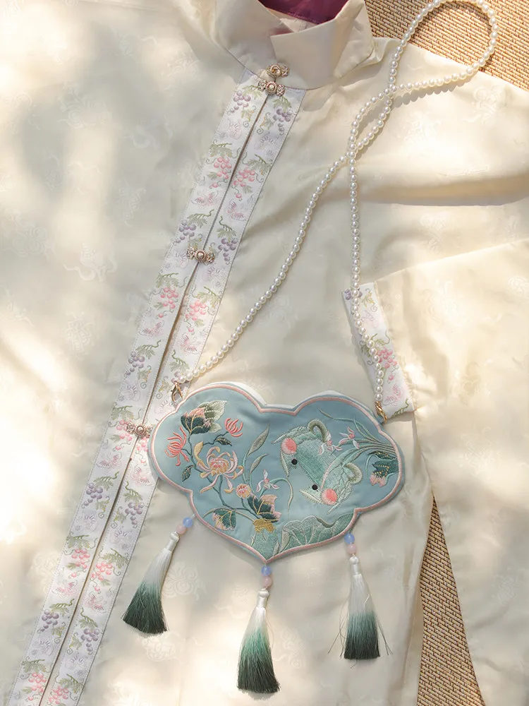 Vintage Chinese Style Double Sided Embroidered Cute Crab Handbag Pearl Chain Tassel Crossbody Bag For Women Hanfu Accessories