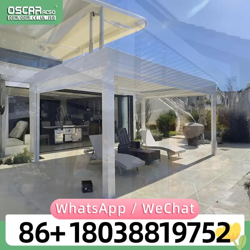 Motorized Wall Mounted Aluminum Louvered Pergola Waterproof Gazebo Canopy Powder Coated Natural Style Easily Assembled for Garde