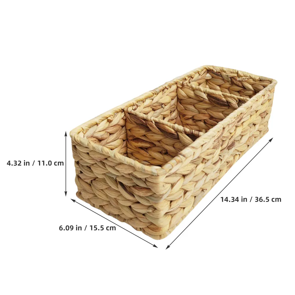 Natural Water Hyacinth 3-Section Woven Desktop Basket for Cutlery Sundries Office Home Organization Multi-Purpose Woven Storage