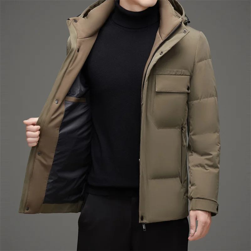 

Winter Men Hooded Puffer Parkas Black Beige Khaki White Duck Down Basic Coat Hood Detachable Design Outerwear Thermal Jackets