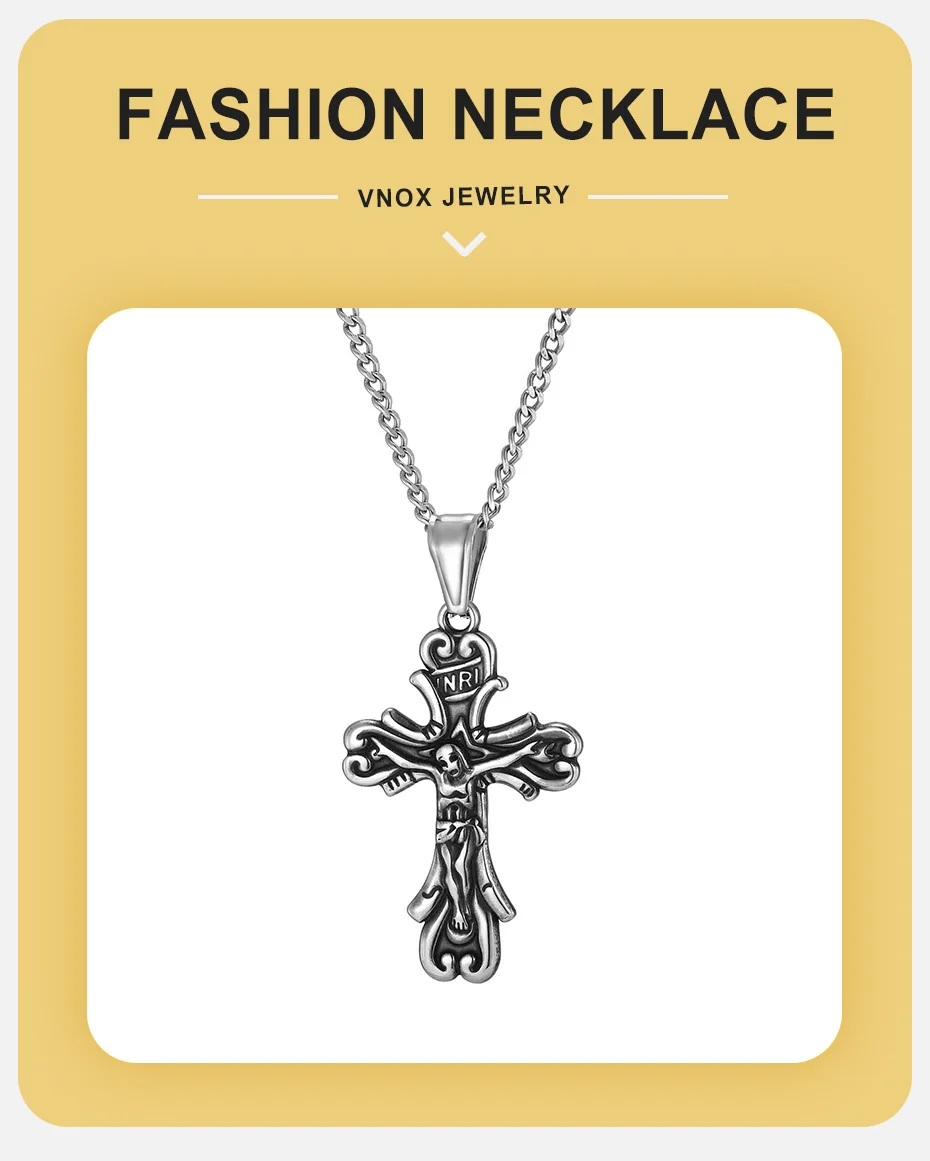 Vnox Jesus-Kreuz-Anhänger-Halsketten für Männer und Jungen, Retro-Grau-Kruzifix aus Edelstahl mit Gliederkette, christliches Schmuckgeschenk – Detail 1