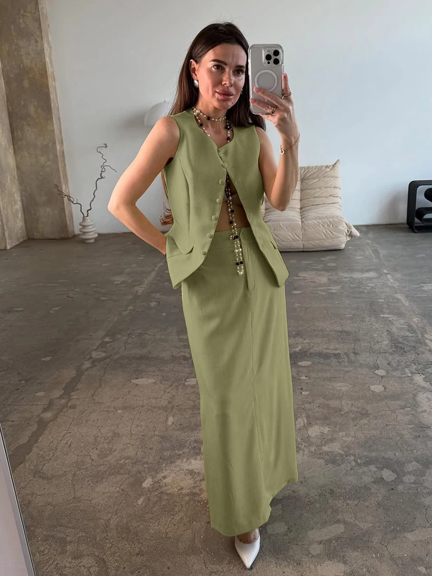 

Marthaqiqi Casual Women Nightgown Suit Tank Top Pajamas Crop Top Sleepwear V-Neck Nightwear Long Skirts Green Ladies Nightie Set