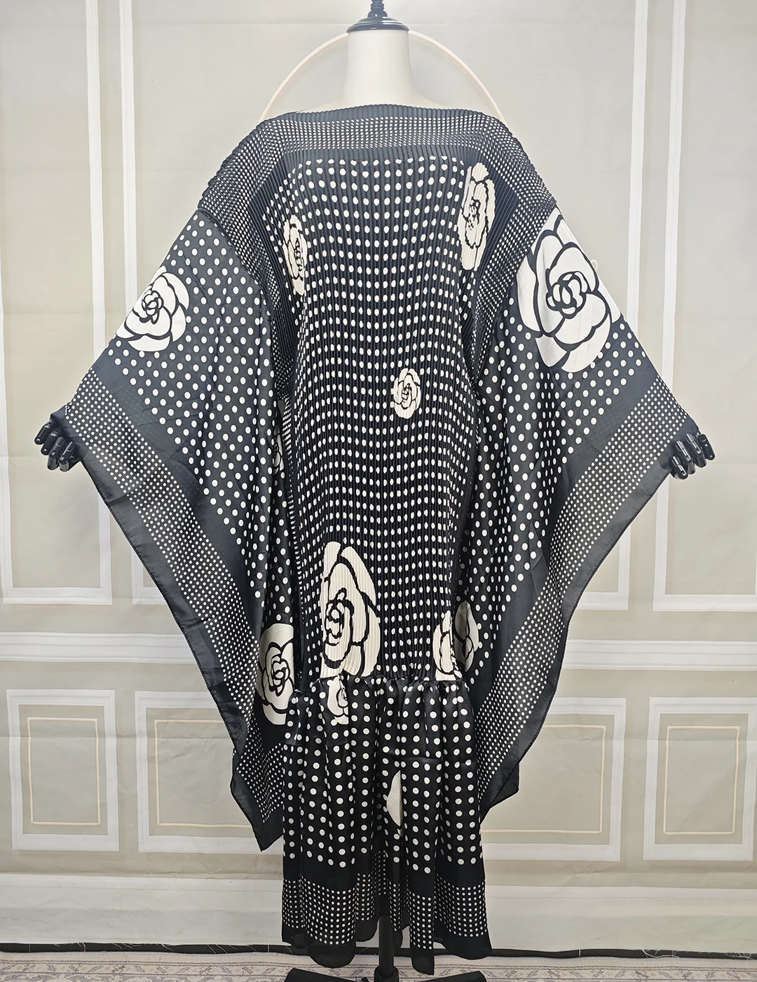 Casual Pleated Women Long Dress O-Neck  Long Batwing Sleeve Patchwork Female Dresses 2025 Autumn Summer Party Lady Robe