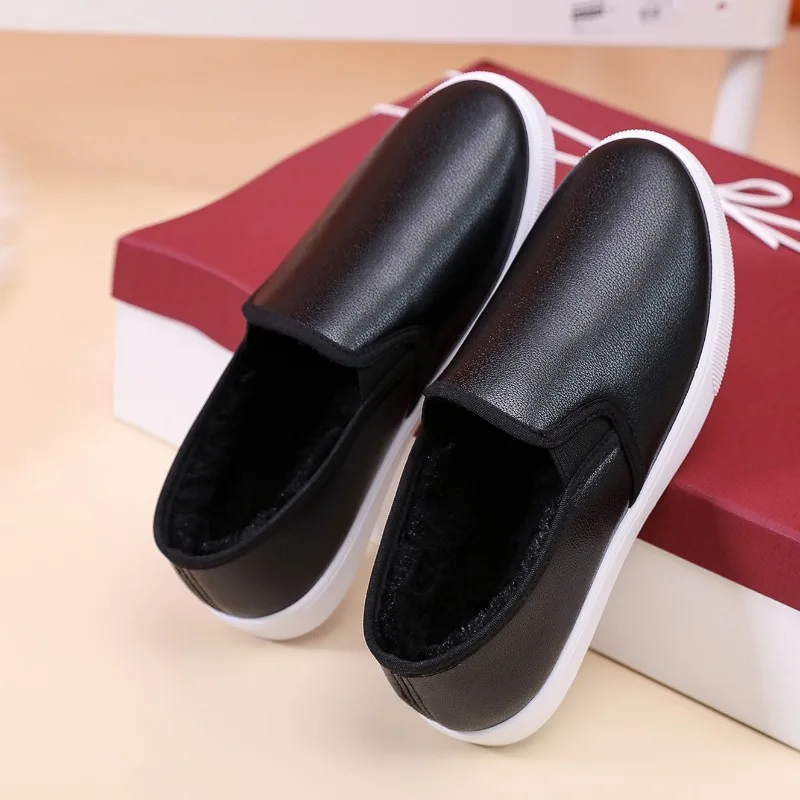 Winter Cotton Shoes for Women Leather Topped White Shoes Women Versatile Korean Style Slip on Lazy Loafers Casual White Shoes