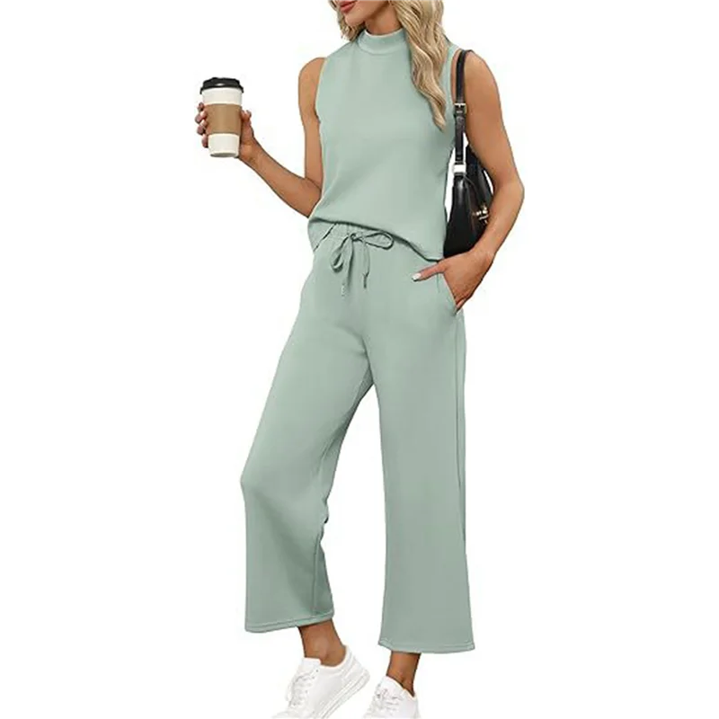 

Two Piece Sets For Women Summer Outfits Lounge Sets Mock Neck Tops Wide Leg Crop Pants