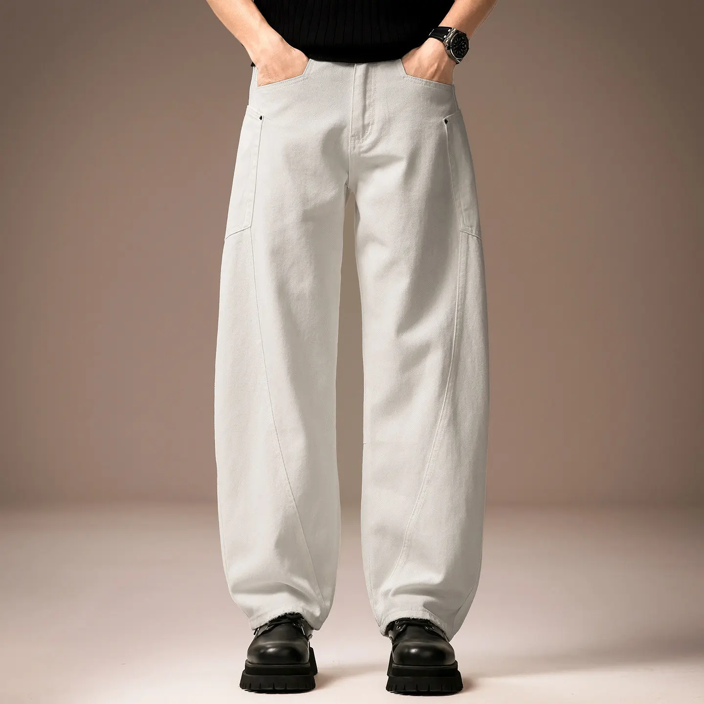 American Style Vintage Fashion Men White Solid Color Loose Straight Simple Basic Casual Daily Jeans Pants Male Denim Trousers