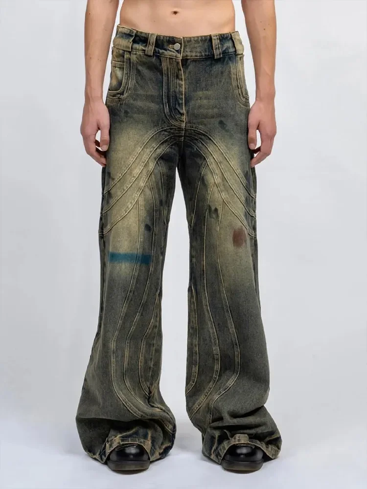 NO FAITH Heavy craft washed old faded corrugated pants micro-horn loose straight jeans