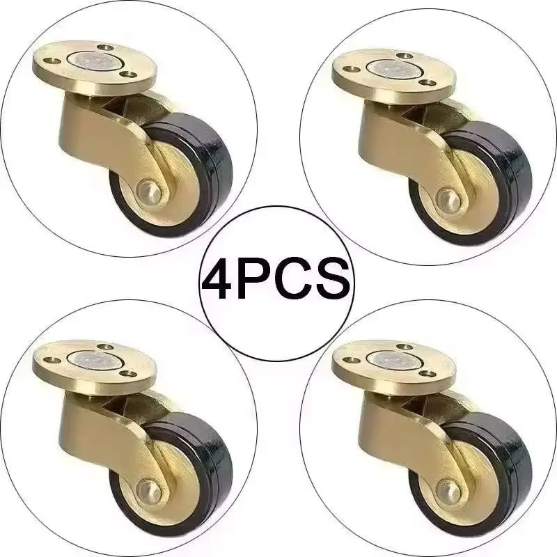 4PCS 1inches Brass/Brass+Rubber Furniture Casters Wheels Table Chair Sofa Couch Cabinet Feet Wheels 360° Swivel Castors Rollers
