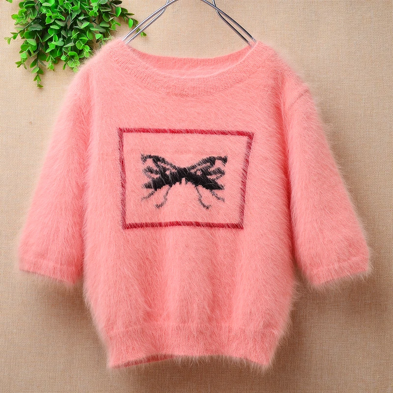 Ladies Women Spring Autumn Cute Hairy Angora Rabbit Hair Knitted Short Sleeves O-Neck Loose Pullover Mink Fur Sweater Jumper Top