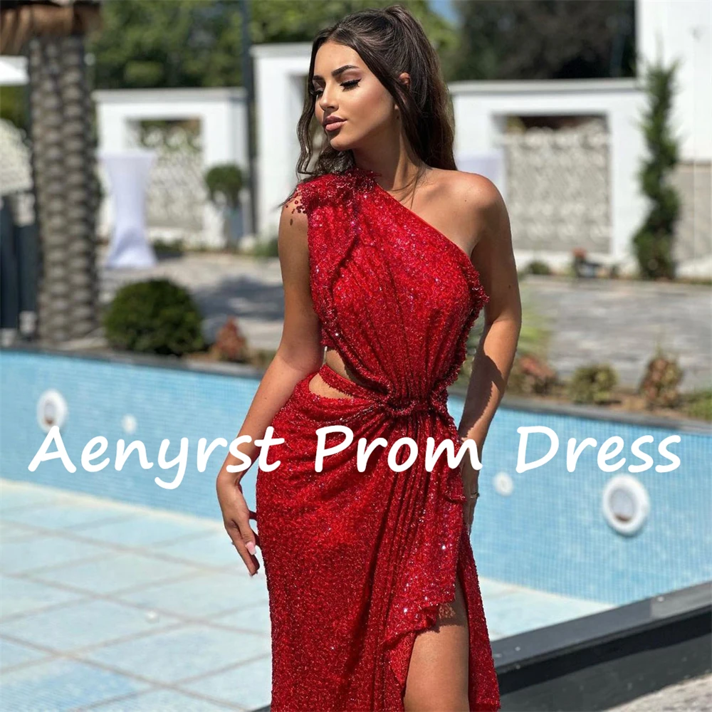 Aenyrst Red Shiny Sequined One Shoulder Saudi Evening Dresses Mermaid Side High Split Prom Dress Floor Length Dinner Party Gowns