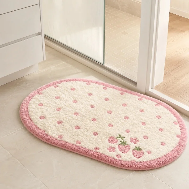 VIKAMA Cute Strawberry Bath Mat, Non-Slip Soft Plush Rug, Absorbent Polka Dot Shower Mat for Bathroom Home