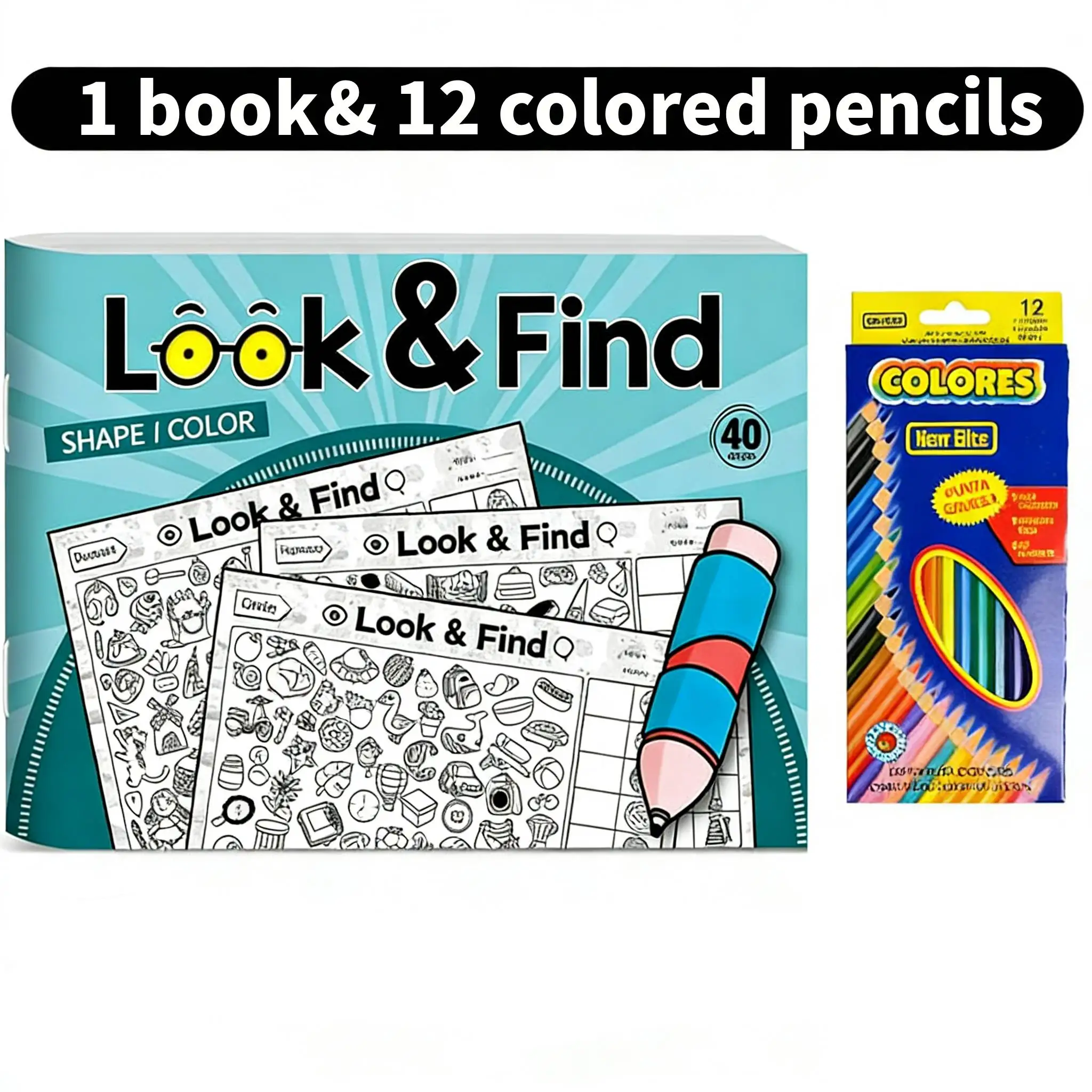 

Книга-головоломка «Найди и раскрась» на 40 страниц + 12 цветных карандашей | Набор для развлечений и раскрашивания для детей