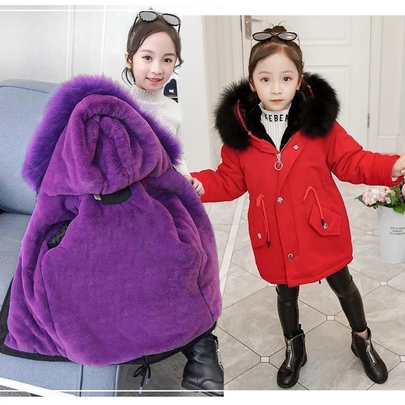 

3-14Y Thick Keep Warm Winter Girls Jacket Large Fur Collar Padded Linning Hooded Heavy Coat For Kids Children Cold Outerwear