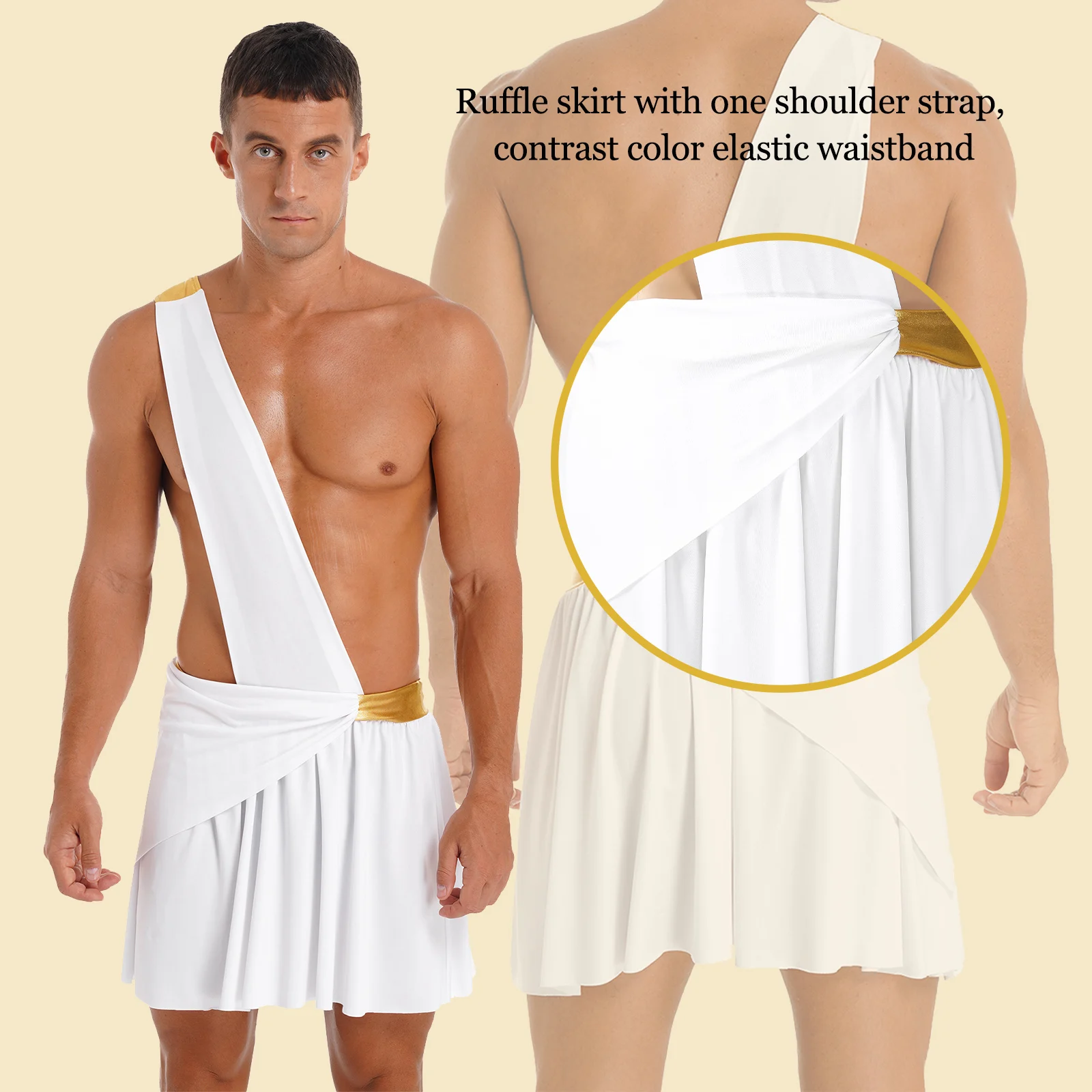 Men Ancient Greek God Gladiator Costume One Shoulder Harness Skirt Short Roman Toga for Halloween Carnival Cosplay Theme Party