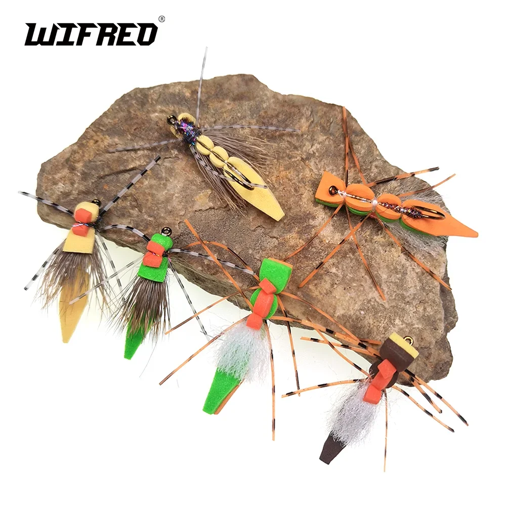 Wifreo 4pcs Foam Body Grasshopper Dry Fly Floating Hopper Deer Hair Rubber Legs Trout Flies Bass Panfish Fishing Lure Baits #8