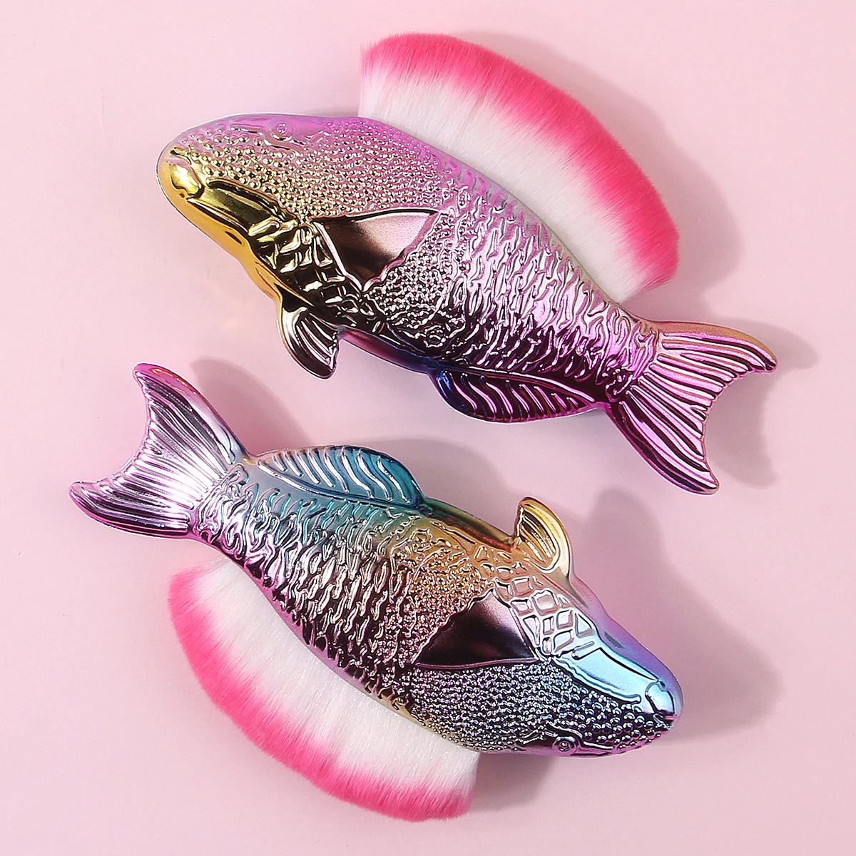 2Pcs Fish-Shaped Makeup Brush Set, Rainbow Gradient Single Brush, Soft Wide Fluffy hair for Blush, Powder