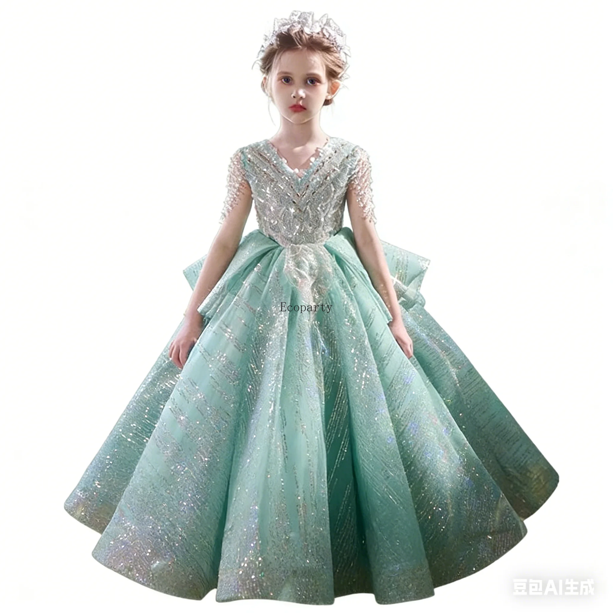 

Mint Green New Luxury V-Neck Sequined Tulle Green Girl Princess Dress Cap Sleeve Wedding Birthday Evening Communion Party Prom