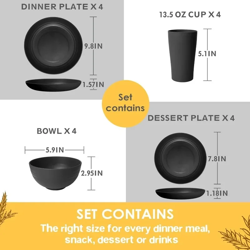 16-count Kitchen Plastic Wheat Straw Dinnerware Set, Service for 4, Dinner Plates, Dessert Plate, Cereal Bowls, Cups