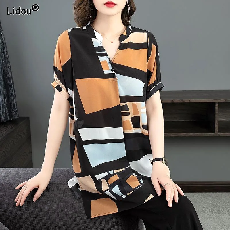 

Thin Stand Collar Printing Loose Pullovers Button Short Sleeve Office Lady Blouses Elegant Casual Tops Women's Clothing Summer