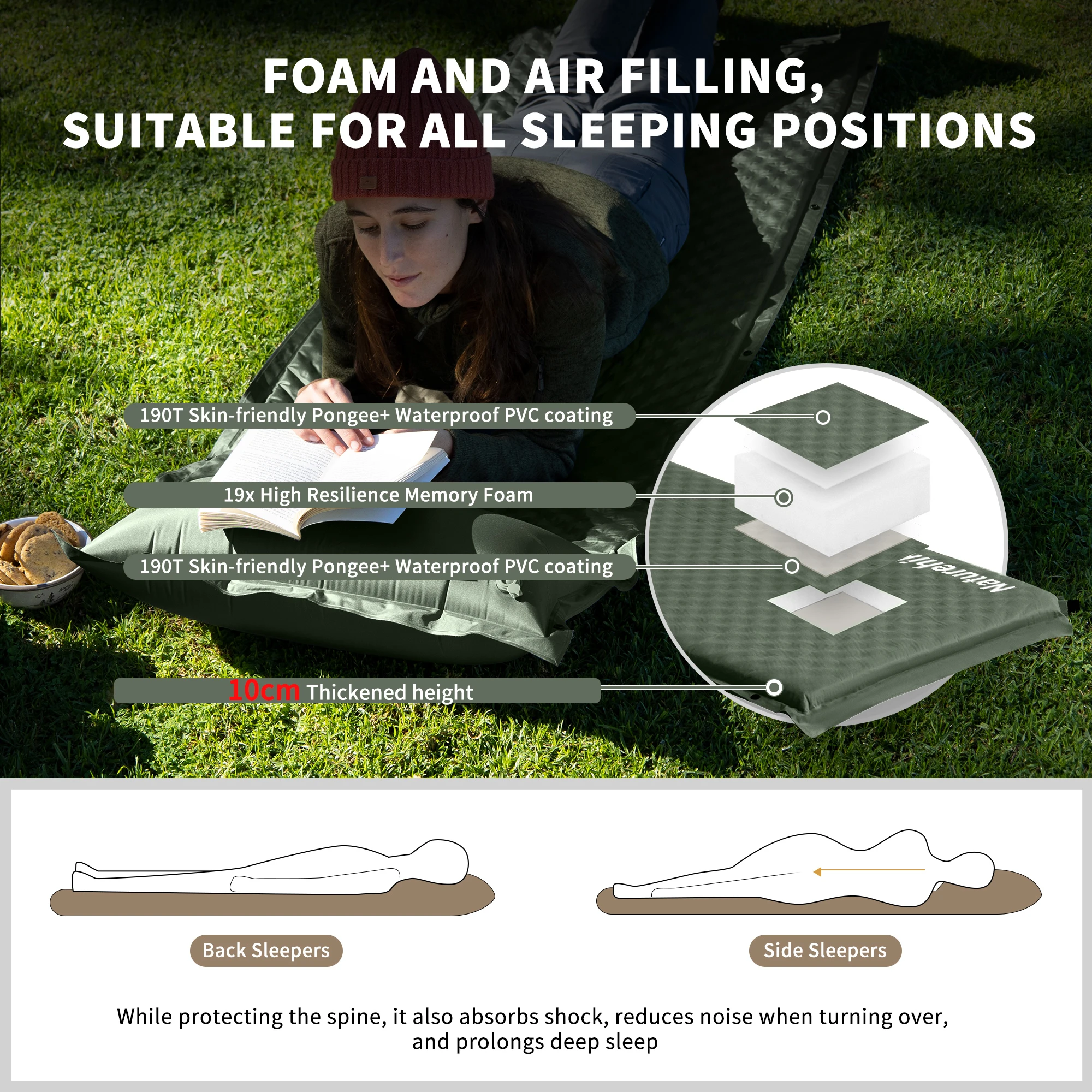 Naturehike 2024 New Camping Self Inflating Mattress 10cm Thicken Splicable Double Air Sleeping Bed Folding Hiking Air Mattress