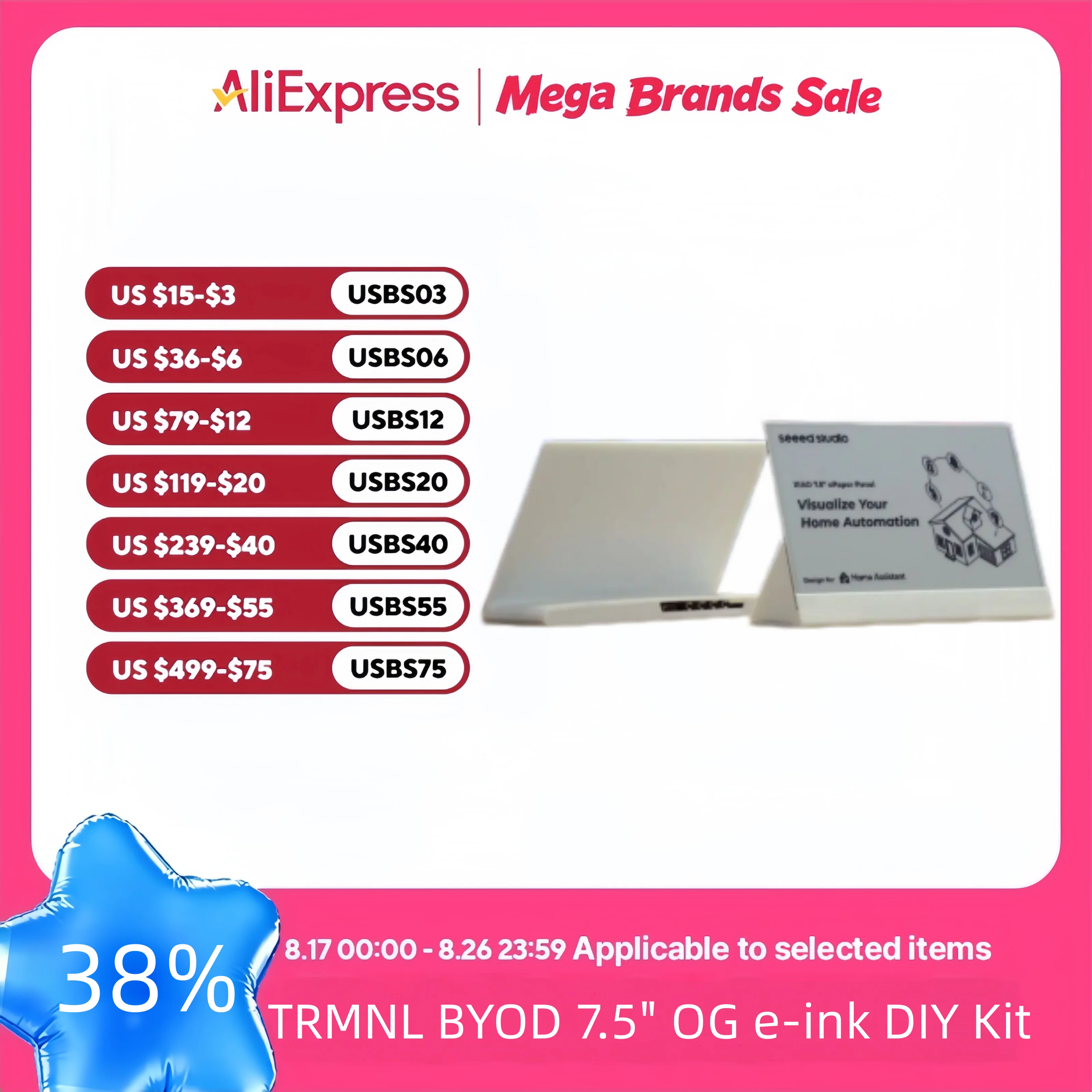 TRMNL BYOD 7.5" OG e-ink DIY Kit, Monochrome eink Display Epaper, XIAO ESP32-S3 PLUS,Arduino,Home Assistant,Battery Rechargeable