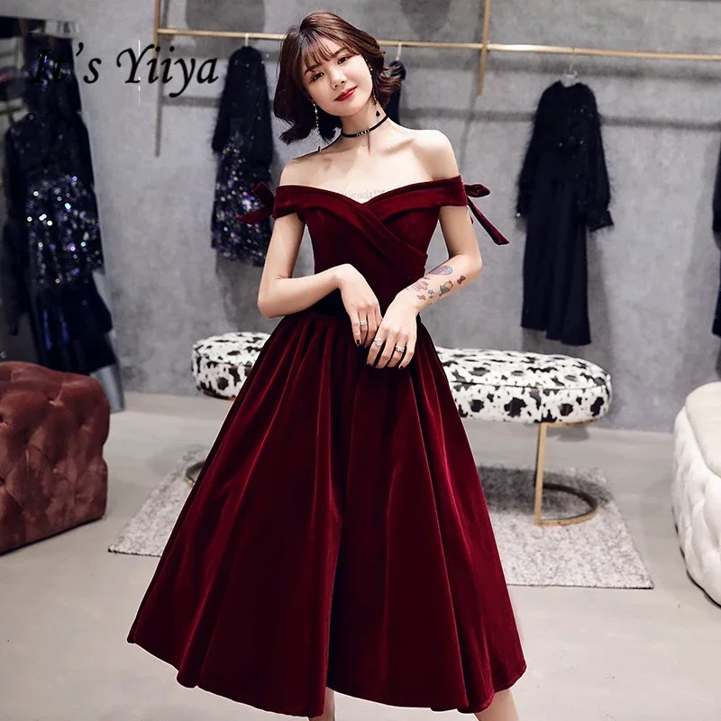 It's YiiYa Cocktail Dresses Boat Neck Bow Strapless Party Formal Dress Wine Red Velvet Lace up A-line Plus size Prom Gowns E363