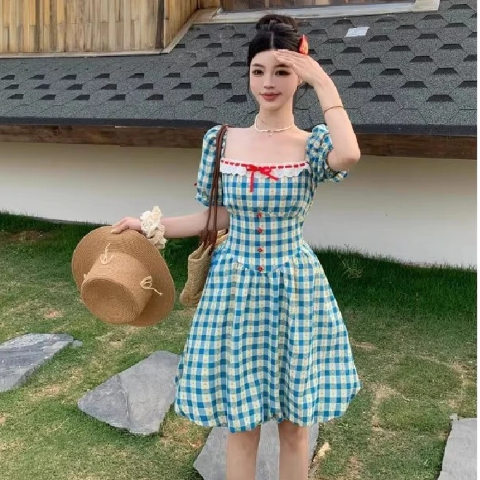 Vestidos de manga curta das mulheres petite primavera gaze frisado em camadas puff manga império cintura fairycore fofo sonhador bonito doce picante