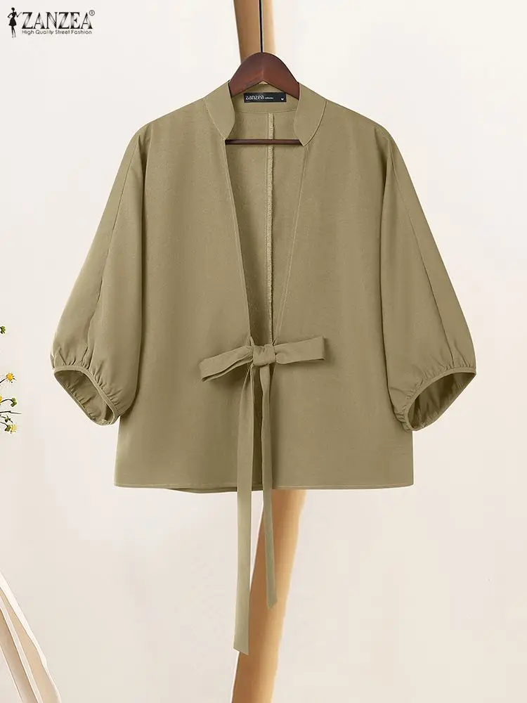 2025 ZANZEA Autumn Women Open Front Cardigan Thin Coats Stylish Solid OL Work Blouse Elegant V Neck Lantern Sleeve Tops Kimono