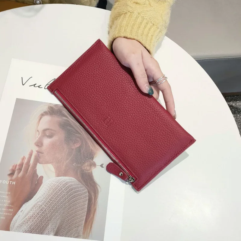 Genuine Leather Women's Wallet Zipper Long Large Capacity Phone Card Money Clip Coin Purse Solid Color Litchi Pattern Clutch Bag