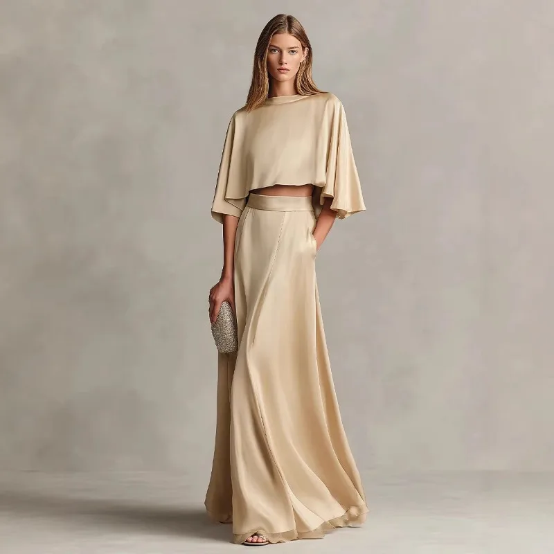 

2026 European and American Cross-border Spring and Fall New Women's Satin Shawl Sleeve Dress Timeless Luxury Elegant Style Suit