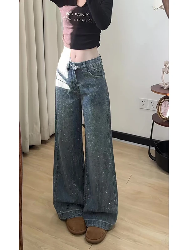 Jean lourd à strass pour femme, jambe droite ample, Design automne-hiver, effet flaissant, taille basse, fermeture à bouton, chaleur