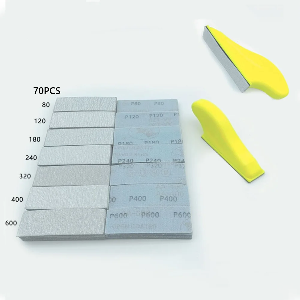 

70 шт., черная песчаная задняя флокированная водная наждачная бумага с ручным шлифовальным блоком, шлифовальные листы, зернистость 80-600 для игрушек, шлифовка, полировка