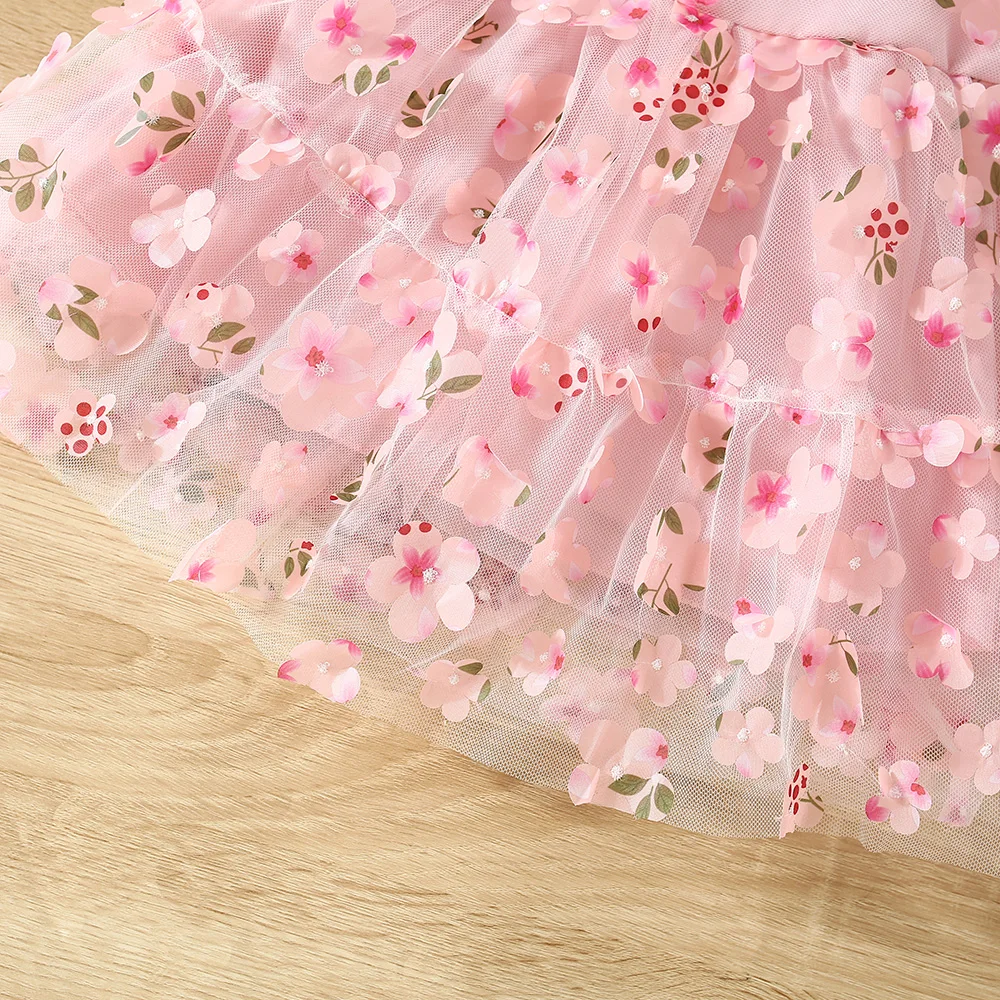 (0-3 Years) Summer New Baby Girls Dress Flower Embellished Mesh Ribbon Bow Dream Dress + Hat Sweet Princess Dress