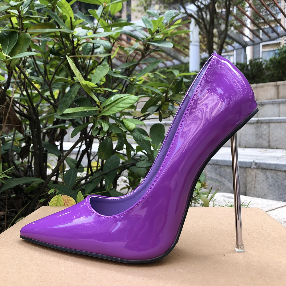 

OL Office Ladies 12cm Metal High Heels Pumps Woman Stilettos Bling Shiny Purple Fetish Model SM Man Pointed Toe Unisex Shoes