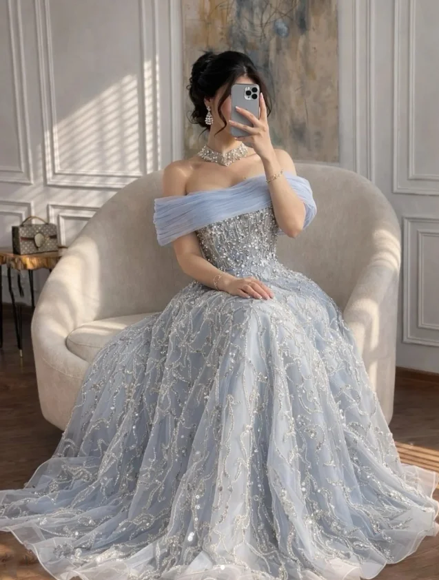 Shine Blue Evening Dress Luxury Beaded Off Shoulder Women Engagement Wedding Party Gown Customized vestidos de gala de noche