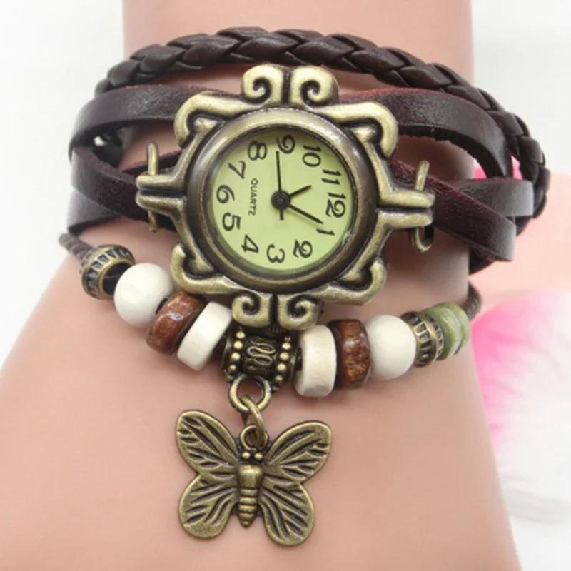 Pulseira de couro retrô feminino, Relógio pingente borboleta, Moda