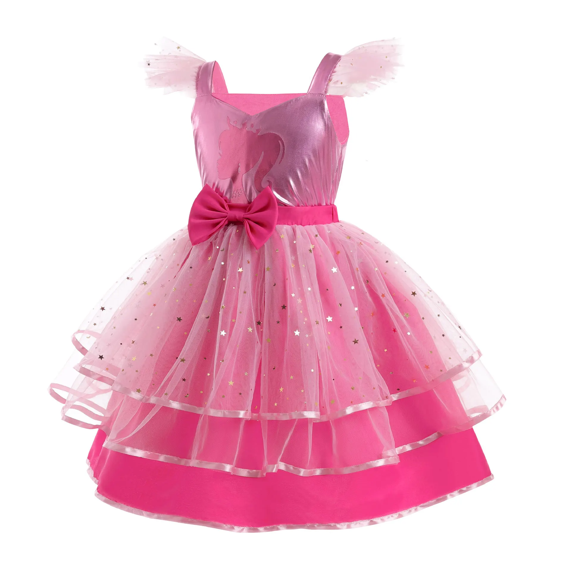 Girls\' New Barbie Bow Print Small Flying Sleeve Cosplay Dress for Graduation Party Sweet and Cute Fashion Mesh Dress