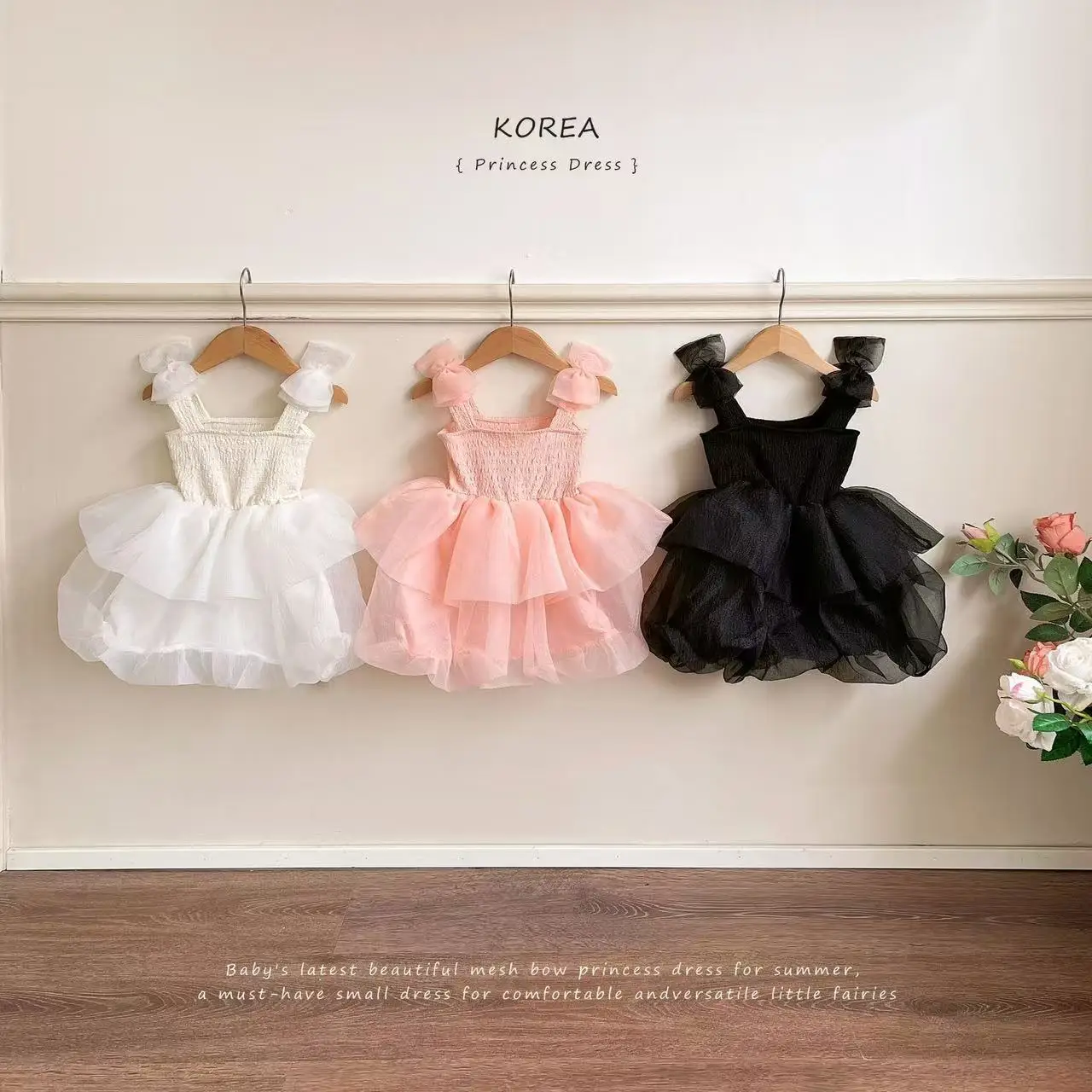 

2026 New Summer Kids Girls Korean Style INS Bow Design Princess Tutu Dress Elegant Short Birthday Party Dress for 80-110cm