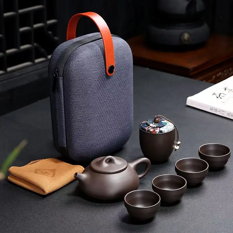 

2025 Travel Tea Sets Chinese Kung Fu Ceramic Teapot Portable Handmade Purple Clay Teapot Teacups All in One Gift Bag for Adults