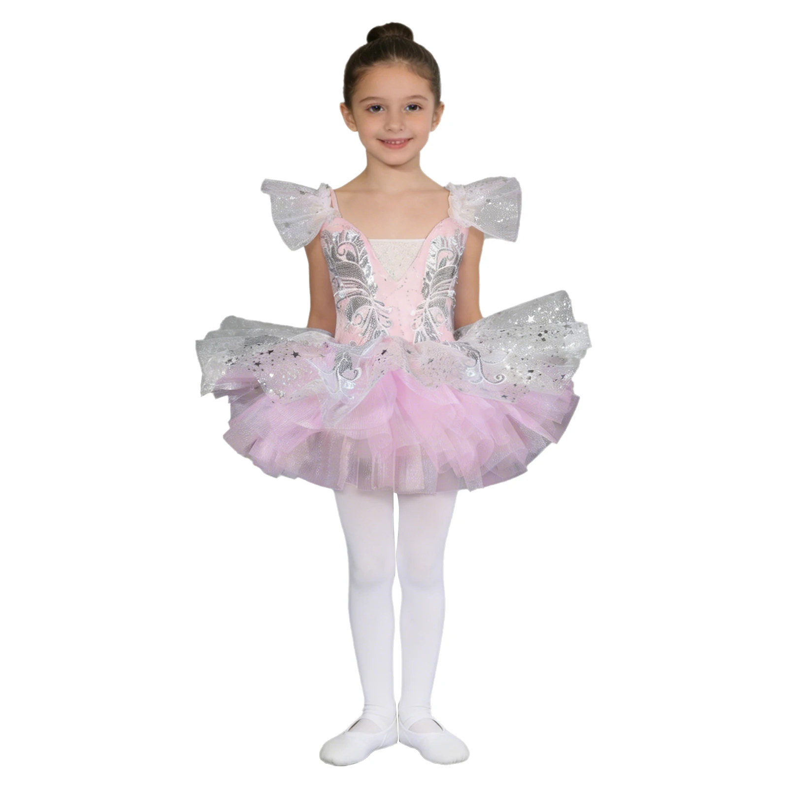 Kids Girls Ballet Dance Outfit Ruffled Sleeves Shiny Sequin Princess Applique Tulle Tutu Dress Ballerina Party Performance Dress