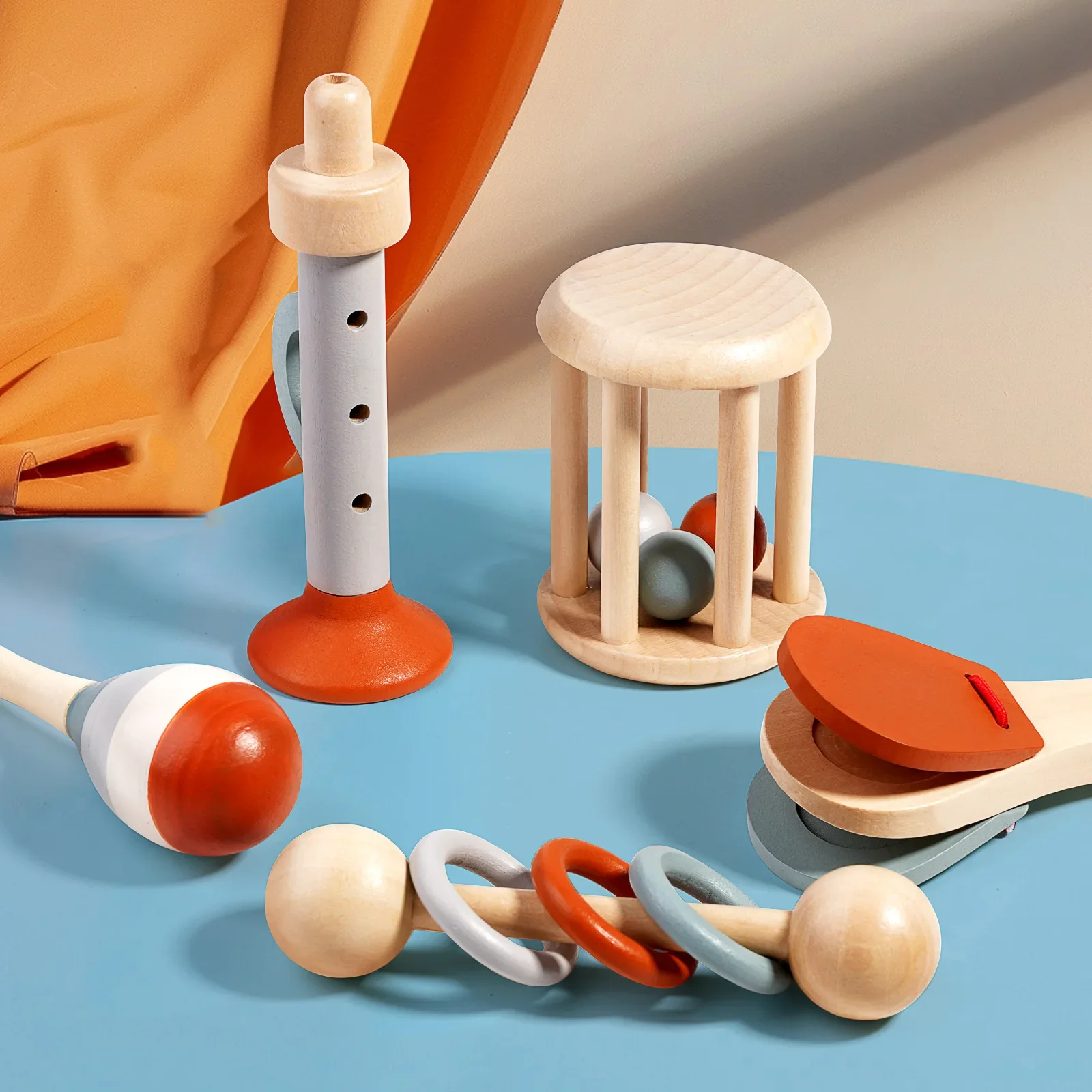 Baby Ringbell Wooden Toy 5 PCS Set Baba Hand Eye Coordination Grip Musical Instrument Sand Hammer Soundboard 0-1 Year Baby Gift