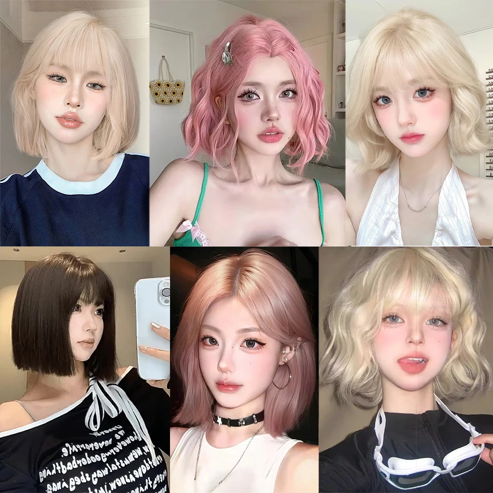 Synthetic beige short straight hair headband for women Lolita bob simulation hair full set suitable for women's daily party wear