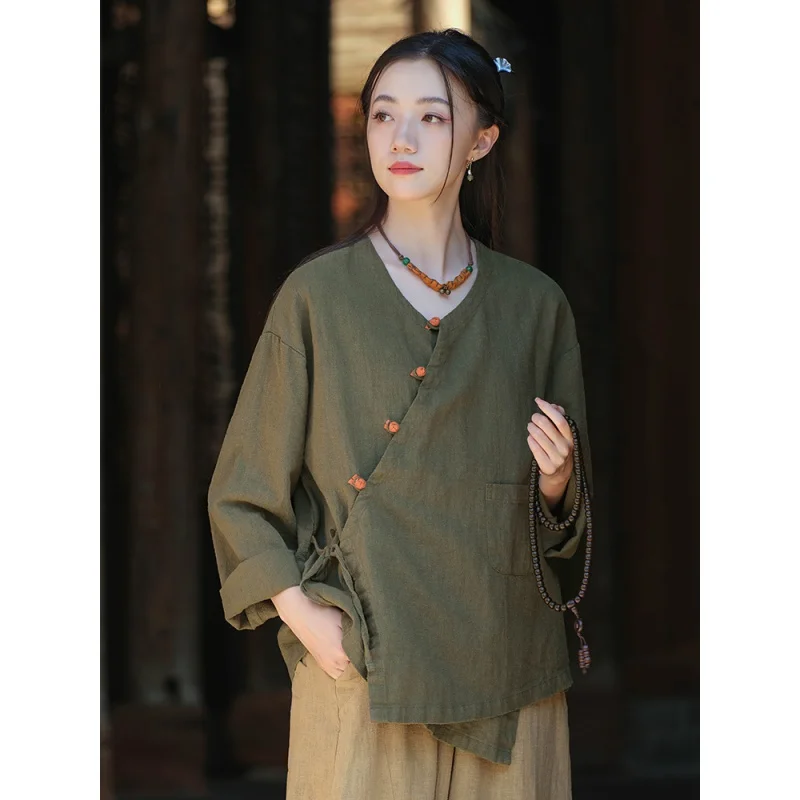 

2023 Spring And Summer Woman New Flax Casual V-Neck Distress Long Sleeve Shirt Loose Solid Color Vintage Shirt