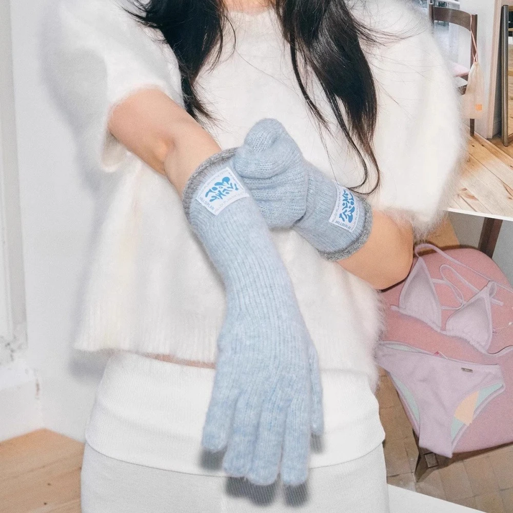 Korean mid-length label curly warm gloves for women dopamine color-blocking knitted touch screen student five-finger gloves
